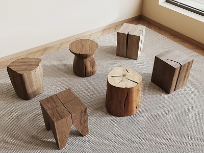 Natural Wooden Stools of Various Shapes Placed on Soft Carpet in Cozy Room 3d model