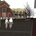 Modern Commercial Street With Brand Stores Pedestrians Trees And Plaza Area