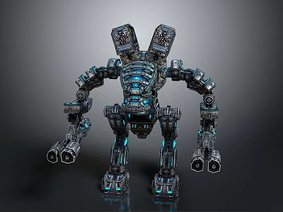 Mechanical Robot With Blue Illuminated Armor And Detailed Weapon Parts 3d model