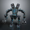 Mechanical Robot With Blue Illuminated Armor And Detailed Weapon Parts
