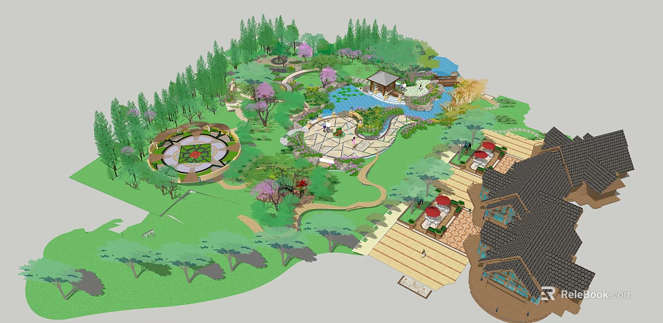 Garden Landscape Design With Green Lawns Flowering Trees Circular Plaza Water Pond And Pavilion 3d model 