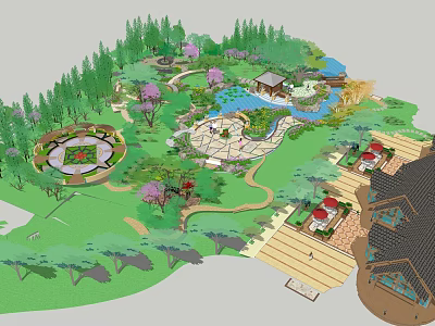 Garden Landscape Design With Green Lawns Flowering Trees Circular Plaza Water Pond And Pavilion 3d model
