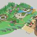 Garden Landscape Design With Green Lawns Flowering Trees Circular Plaza Water Pond And Pavilion