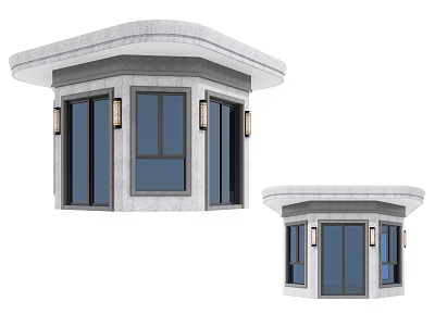 Modern Gray Stone Security Booth With Glass Windows And Wall Lamps From Two Angles 3d model