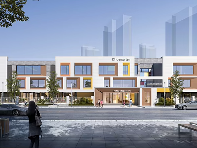 Modern School Building Exterior With Colorful Windows And Urban Pedestrians 3d model
