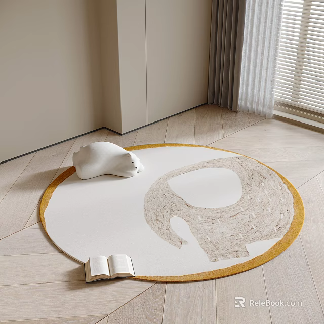 White Round Rug Featuring Abstract Gray Shape and Gold Border on Light Wood Floor 3d model 