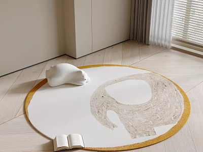 White Round Rug Featuring Abstract Gray Shape and Gold Border on Light Wood Floor 3d model