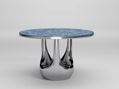 Modern Round Dining Table with Blue Marble Patterned Top and Sleek Silver Metallic Legs 3d model