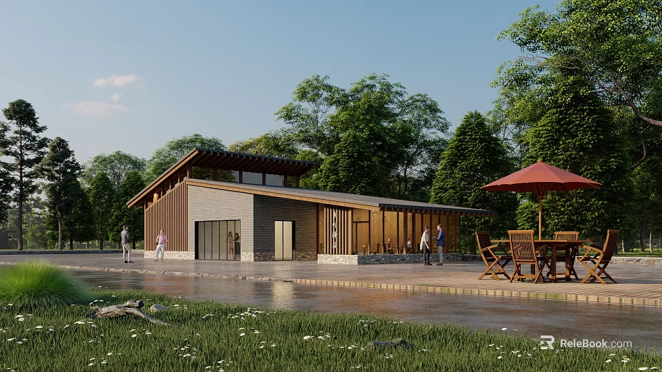 Modern Post Station Surrounded By Trees Near Water With Outdoor Tables Chairs And Sunshade Umbrella 3d model 
