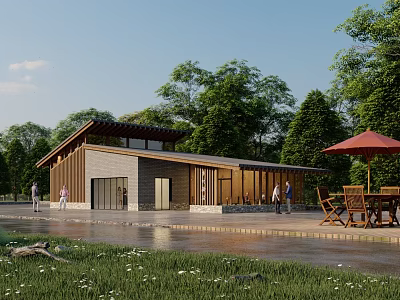 Modern Post Station Surrounded By Trees Near Water With Outdoor Tables Chairs And Sunshade Umbrella 3d model