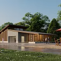 Modern Post Station Surrounded By Trees Near Water With Outdoor Tables Chairs And Sunshade Umbrella
