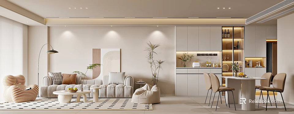 Modern Minimalist Living Dining Room Interior With Light Sofa Chairs Potted Plants And Wall Art 3d model 