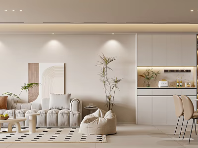 Modern Minimalist Living Dining Room Interior With Light Sofa Chairs Potted Plants And Wall Art 3d model