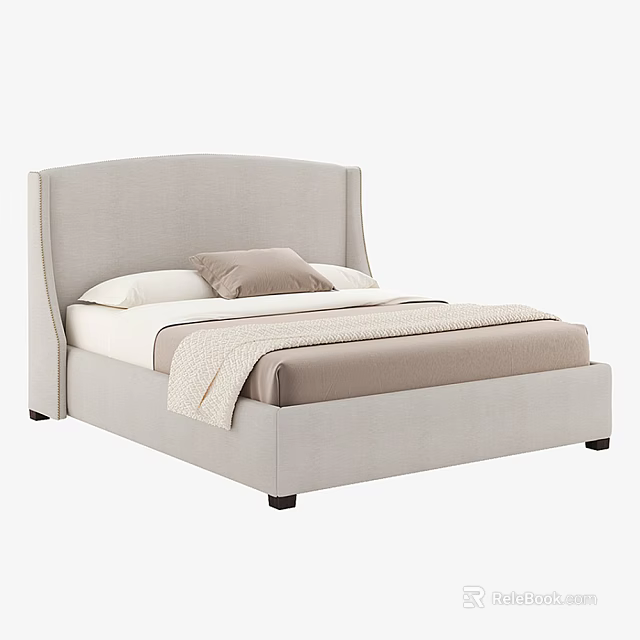 Modern Light Gray Double Bed With Curved Headboard Pillows And Throw Blanket 3d model