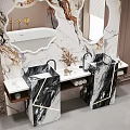 Luxurious Hotel Bathroom With Marble Wall Double Vanities Mirrors And Pendant Lights