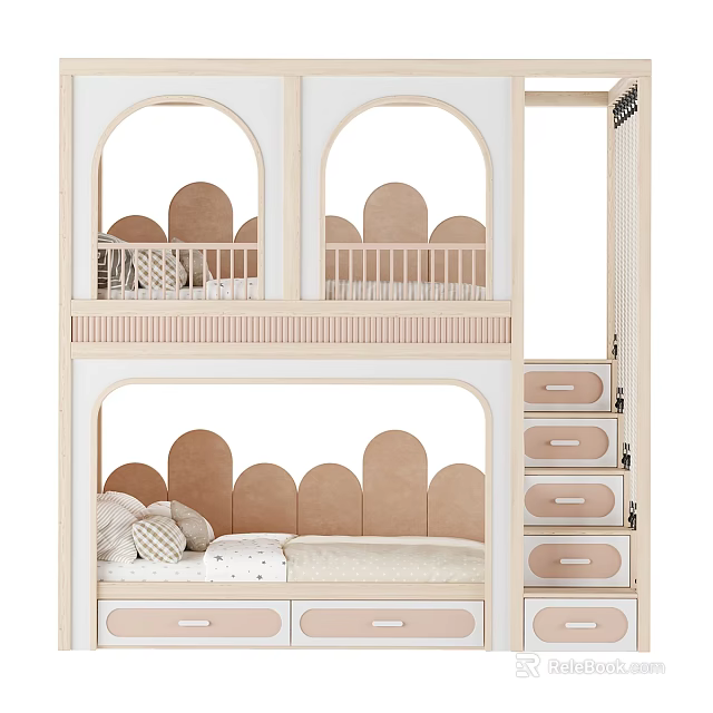 Stylish Bunk Bed With Arched Headboards Light Wooden Frame And Drawer Stairs For Kids Room 3d model 