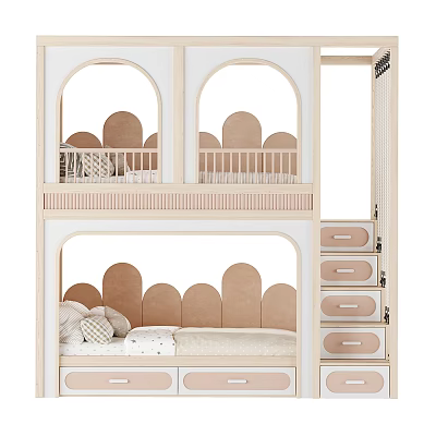 Stylish Bunk Bed With Arched Headboards Light Wooden Frame And Drawer Stairs For Kids Room 3d model