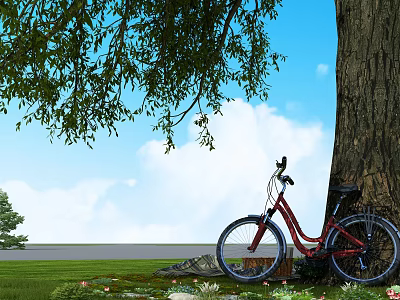 Red Bicycle Parked Under Big Tree With Green Grass Blue Sky White Clouds And Flowers 3d model