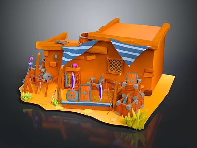 Cartoon Scene With Orange House Blue And White Striped Awning And Decorative Flags Barrels Plants 3d model