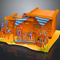 Cartoon Scene With Orange House Blue And White Striped Awning And Decorative Flags Barrels Plants