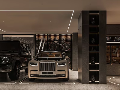 Modern Luxury Garage Interior With Luxury Cars Bicycle And Shelves 3d model