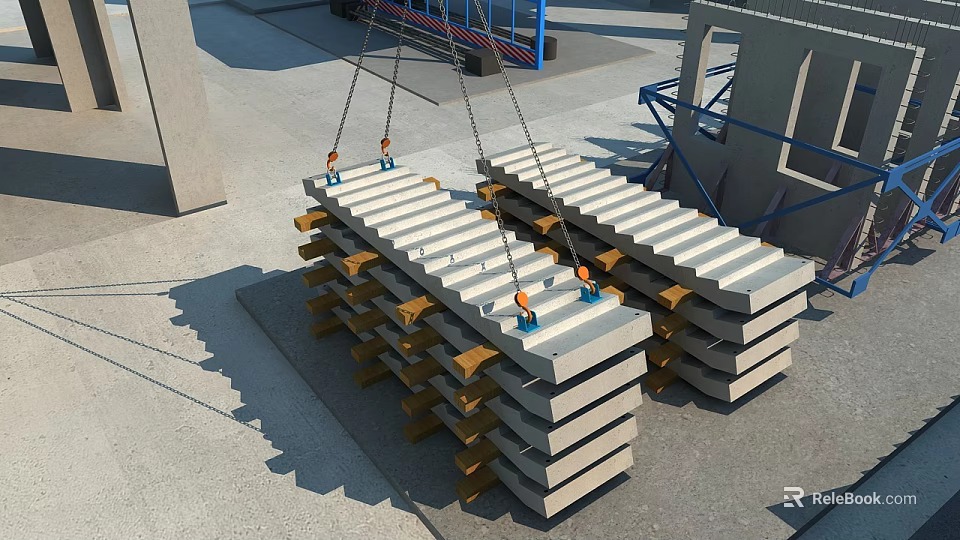 Precast Concrete Construction Slabs Stacked At Site With Lifting Equipment Ready 3d model 