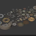 Assorted Decorative Circular Disc Components With Golden Brown Gray Textures And Ornamental Patterns 3d model