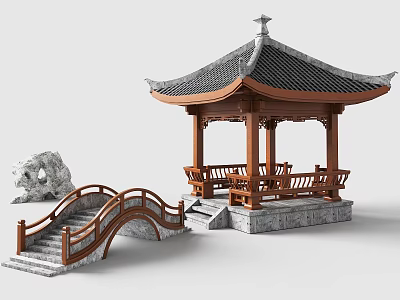 Traditional Chinese Pavilion Featuring Wooden Structure Stone Base And Small Garden Bridge 3d model