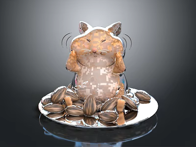Pixelated Game Character Hamster Covering Ears With Sunflower Seeds On Plate 3d model