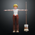 Young Blonde Character Wearing White Shirt And Brown Pants Standing With Open Arms By Mop