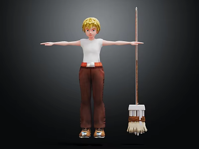 Young Blonde Character Wearing White Shirt And Brown Pants Standing With Open Arms By Mop 3d model