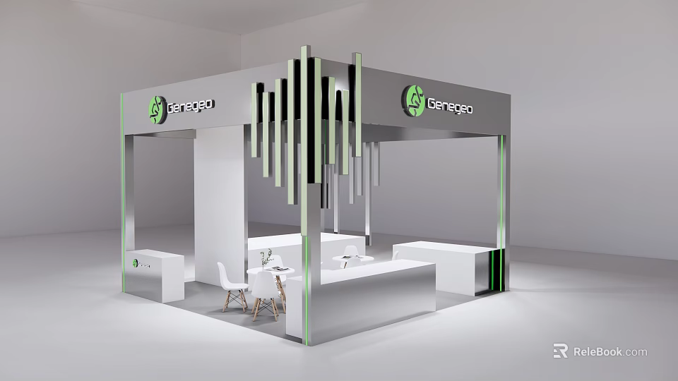 Modern Bango Exhibition Booth With White Green Design Geometric Vertical Stripes And Tables Chairs 3d model 