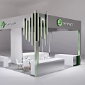 Modern Bango Exhibition Booth With White Green Design Geometric Vertical Stripes And Tables Chairs