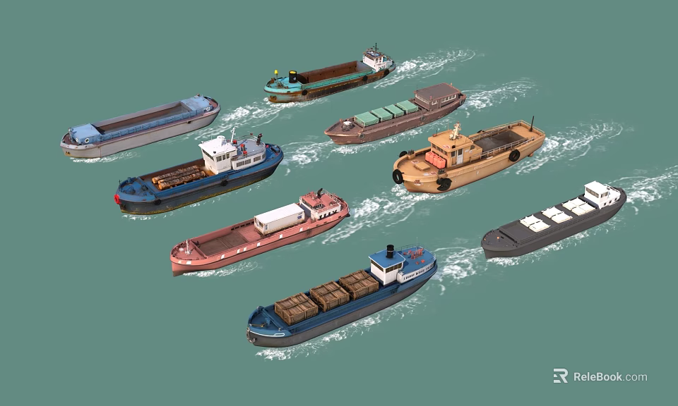 Various Cargo Ships Sailing Together on Calm Blue Water Surface 3d model 