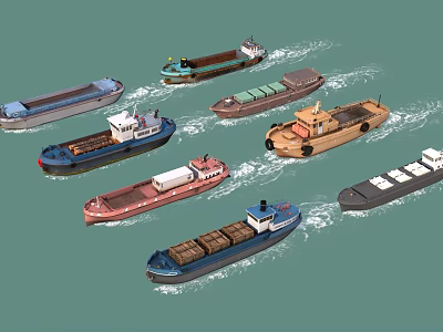 Various Cargo Ships Sailing Together on Calm Blue Water Surface 3d model