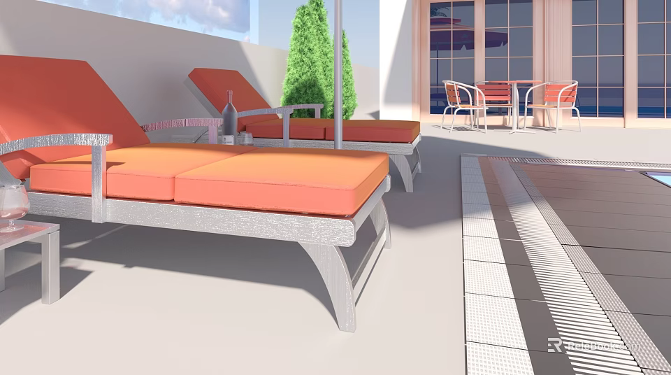 Outdoor Patio With Orange Cushioned Loungers Green Plants And Dining Chairs 3d model 