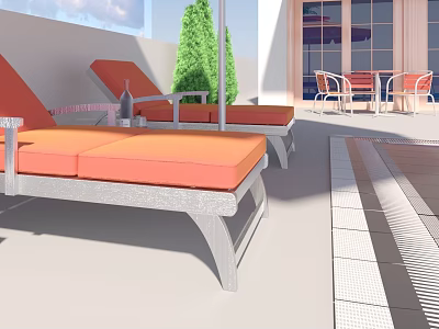 Outdoor Patio With Orange Cushioned Loungers Green Plants And Dining Chairs 3d model