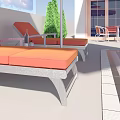 Outdoor Patio With Orange Cushioned Loungers Green Plants And Dining Chairs