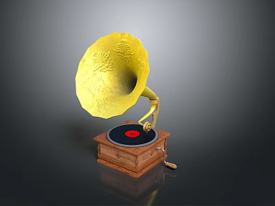 Vintage Gramophone Featuring Yellow Decorative Horn Wooden Base And Black Record With Red Center 3d model