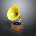 Vintage Gramophone Featuring Yellow Decorative Horn Wooden Base And Black Record With Red Center