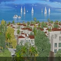 Tropical Garden Landscape With Palm Trees Sailboats On Sea Buildings Blue Sky White Clouds