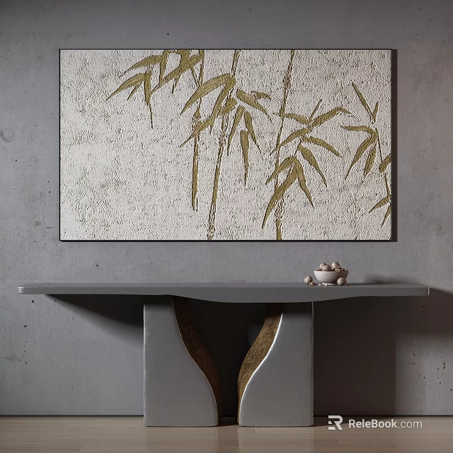Bamboo Leaf Painting On Wall Above Modern Console Table With Teacup 3d model