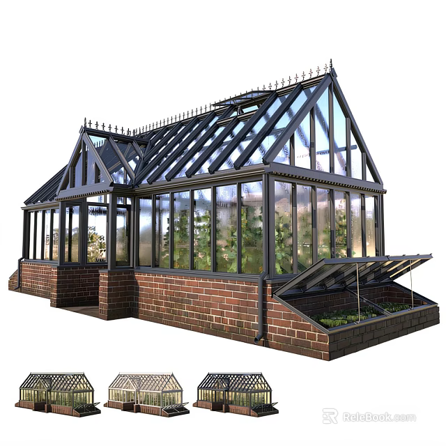Traditional Conservatory Design With Brick Base Glass Roof Metal Framework And Plants Inside 3d model 