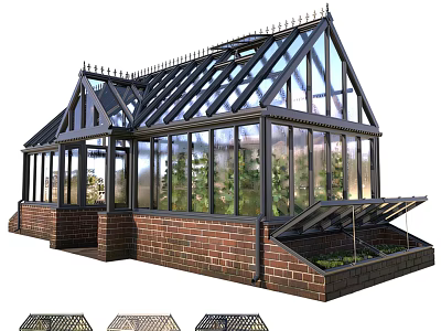 Traditional Conservatory Design With Brick Base Glass Roof Metal Framework And Plants Inside 3d model