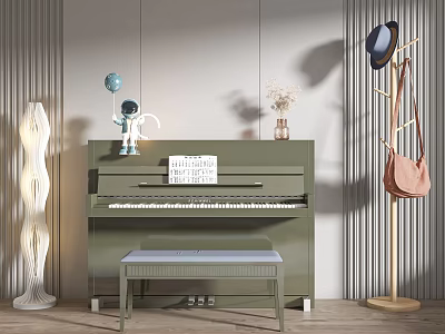 Musical Instruments And Art Supplies In Modern Interior With Green Piano Bench And Music Sheet 3d model