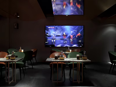 Modern Bar Interior With TV Screen Performers Green Chairs And Trophies On Tables 3d model