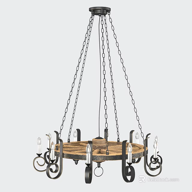 Vintage Industrial Chandelier Design With Chain Suspension Wooden Base And Candle Shaped Lights 3d model 