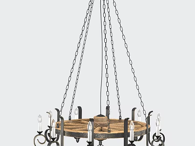 Vintage Industrial Chandelier Design With Chain Suspension Wooden Base And Candle Shaped Lights 3d model