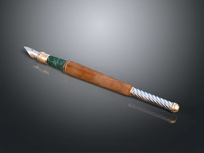 Elegant Writing Pen With Wooden Body Green Accent And Metal Tip Design 3d model