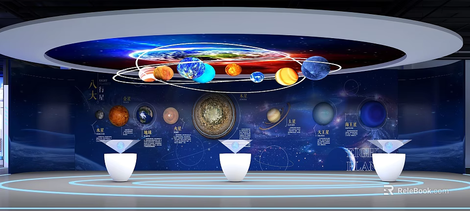 Solar System Planetary Exhibition With Orbital Paths Starry Background Information Charts And Display Stands 3d model